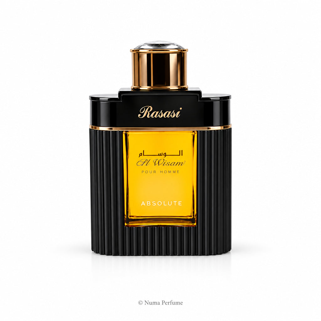 Perfume bottle with black and gold design on a white background