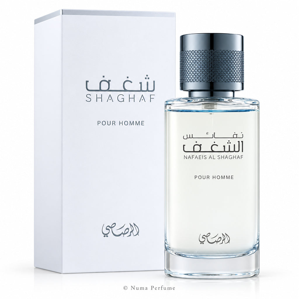 A bottle of Shaghaf Pour Homme fragrance with a dark metallic cap, shown next to its white packaging box with blue-gray text.