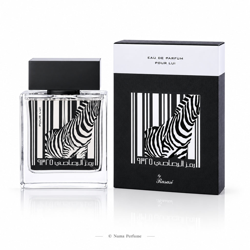 A bottle of Rumz Eau de Parfum with a black and white zebra-striped label, shown next to its black and white packaging box on a reflective white surface.