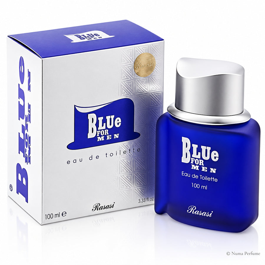 Blue perfume bottle and packaging for men by Rasasi on a white background
