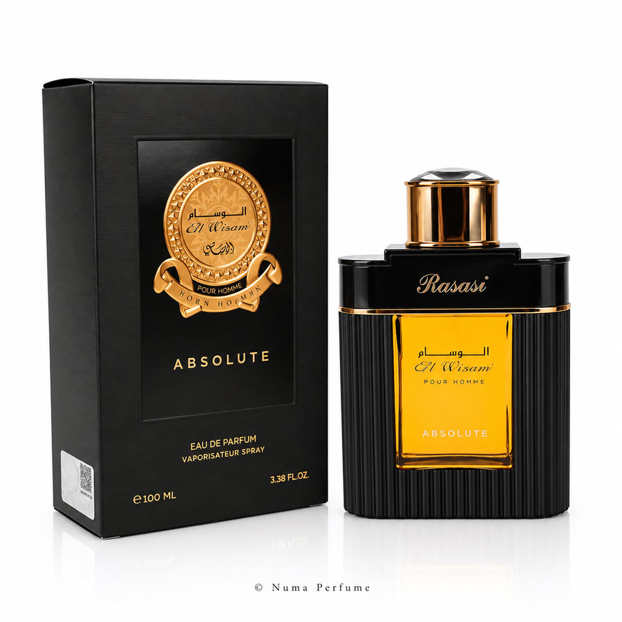 Perfume bottle and packaging with 'Absolute' text on a white background
