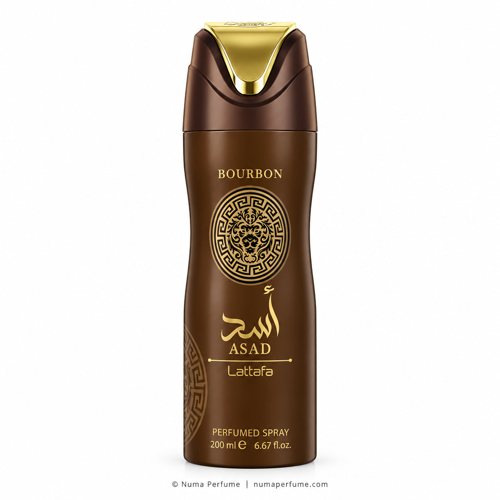 A brown cylindrical perfume spray bottle with a metallic gold cap and gold lettering, labeled ASAD Lattafa and Bourbon, on a plain white background.