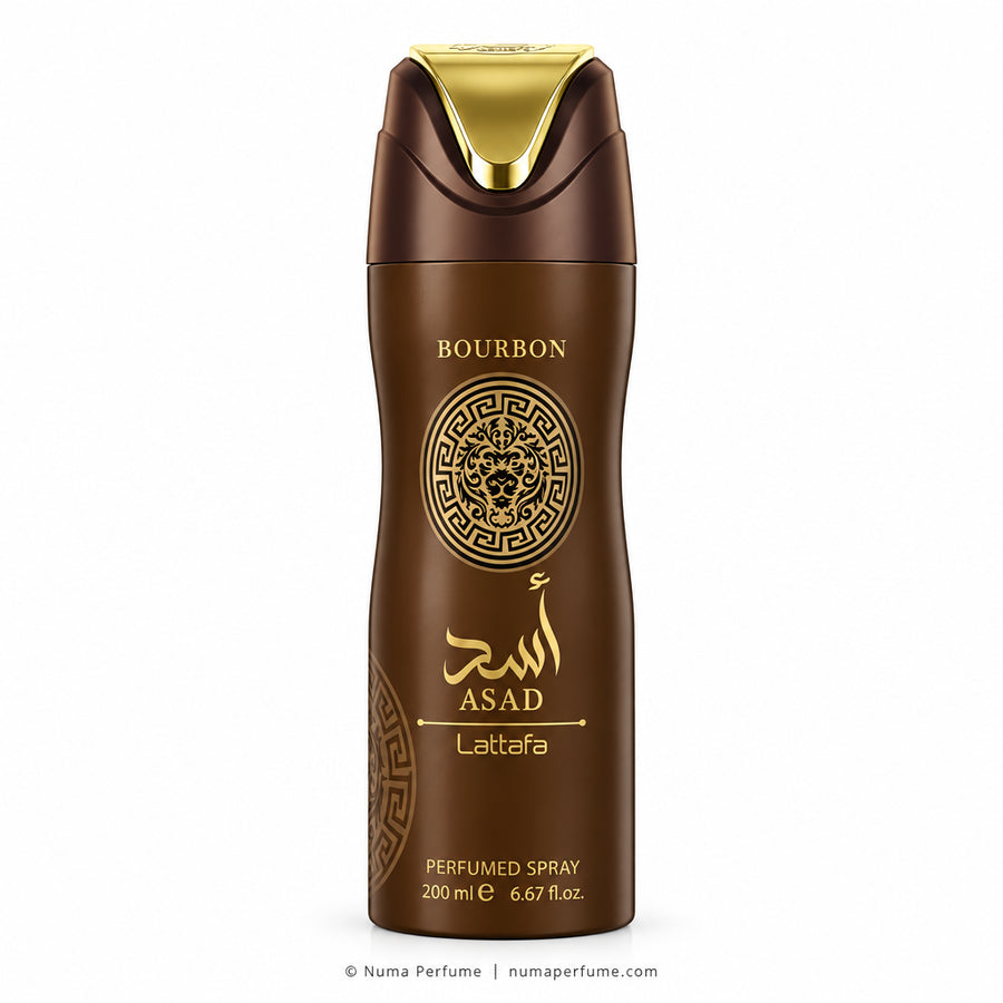 A brown cylindrical perfume spray bottle with a metallic gold cap and gold lettering, labeled ASAD Lattafa and Bourbon, on a plain white background.