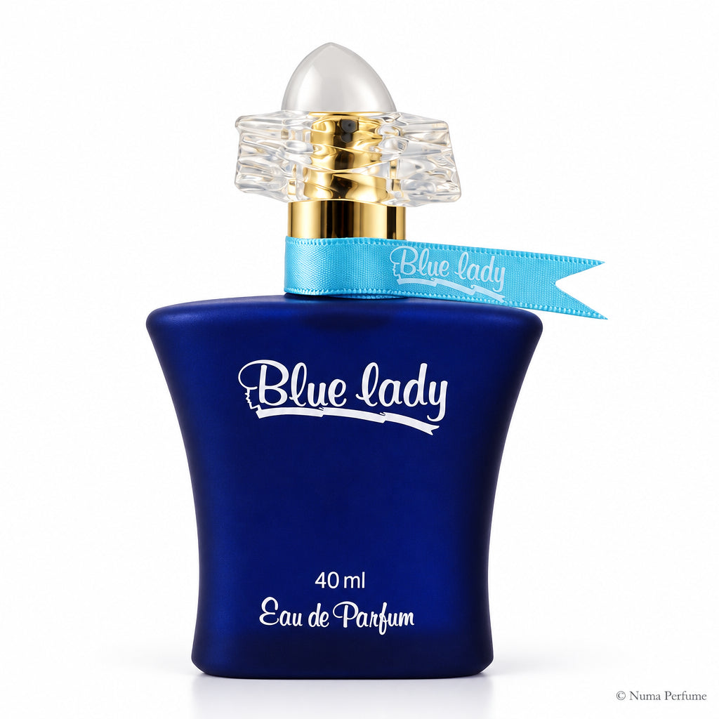 Blue bottle of perfume with a blue cap on a white background