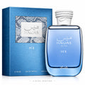 A bottle of Nawas For Him ICE Eau de Parfum next to its blue textured packaging box, featuring a blue-to-purple gradient design and Arabic branding.