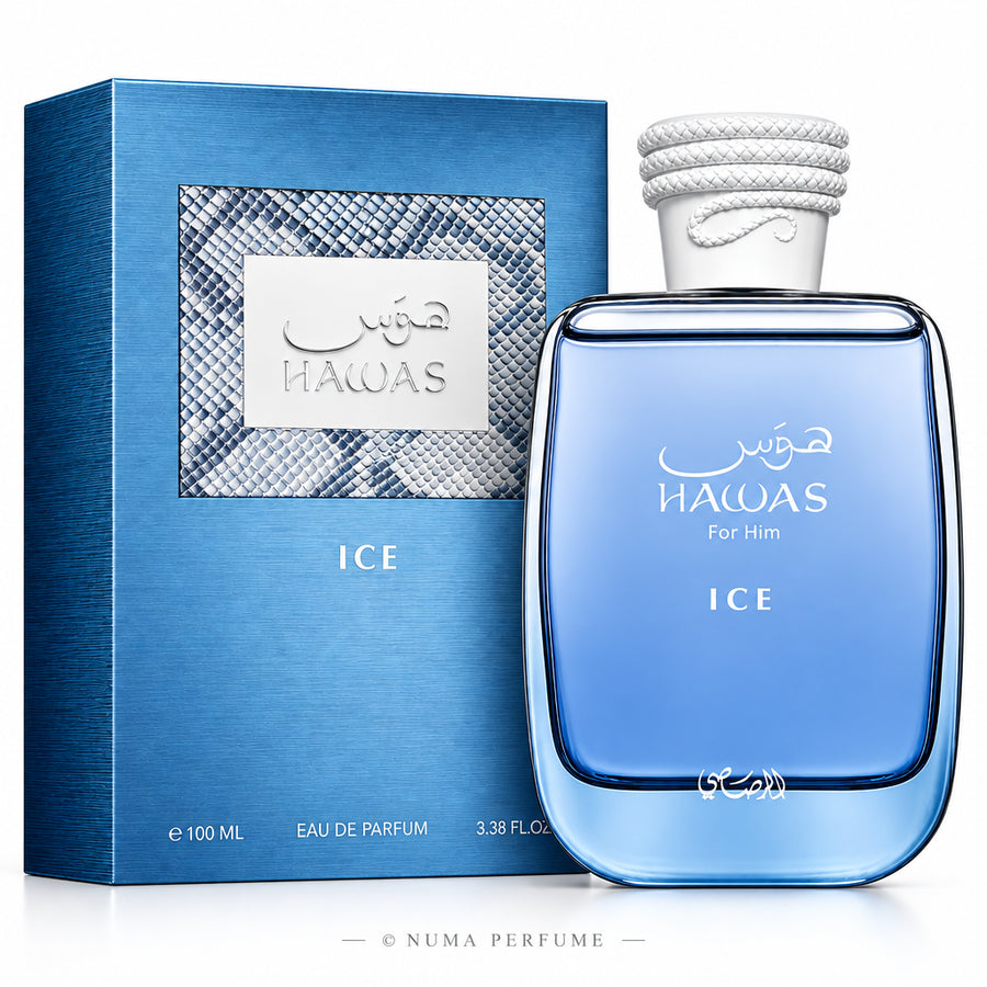 A bottle of Nawas For Him ICE Eau de Parfum next to its blue textured packaging box, featuring a blue-to-purple gradient design and Arabic branding.