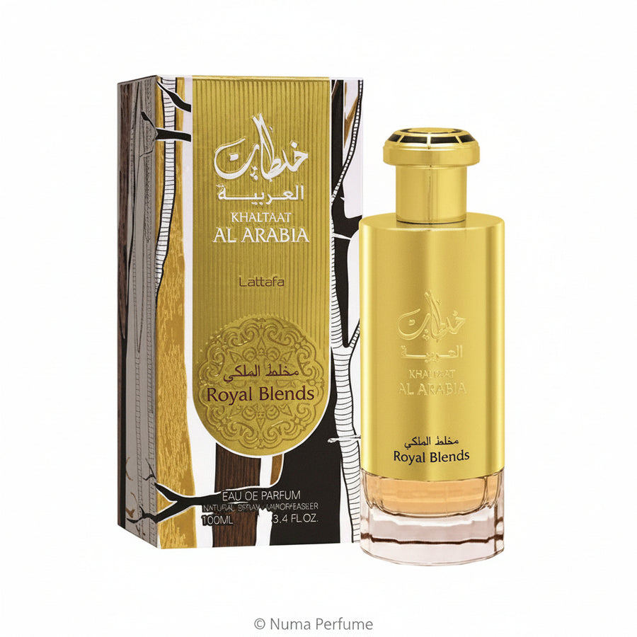 A bottle of Al Arabia Khaitat Al Makkah Royal Blends Eau de Parfum next to its gold and black patterned packaging box, on a plain white background.