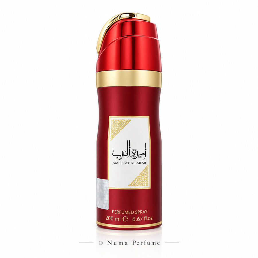 Amirahat Al Arab perfume spray in a metallic red aerosol can with gold accents and a white label, shown on a plain white background.