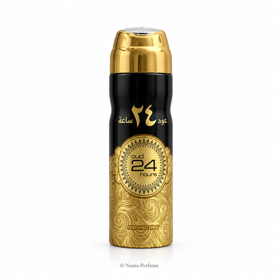 A cylindrical perfume bottle with a black body, a shiny gold cap, and a gold lower section featuring ornate swirl patterns. The center has a circular gold label that reads '24 hours' and 'Al-Rihla'.