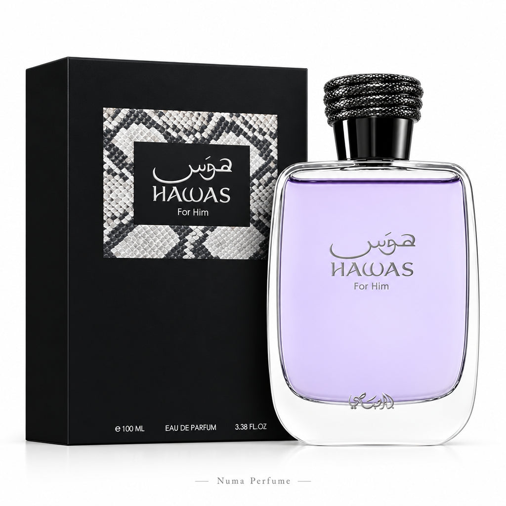 Hawas perfume bottle and packaging on a white background