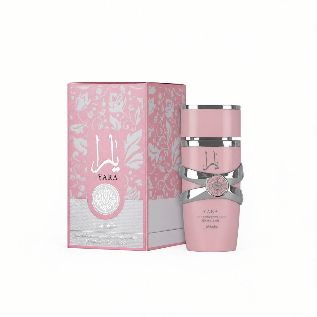 Pink Yara perfume bottle and packaging on a white background