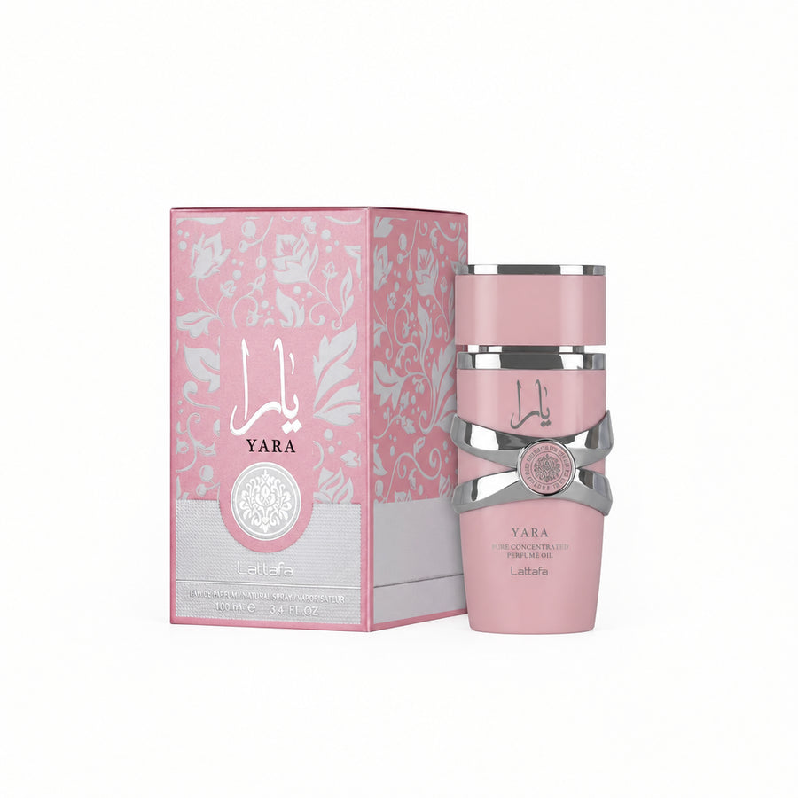 Pink Yara perfume bottle and packaging on a white background