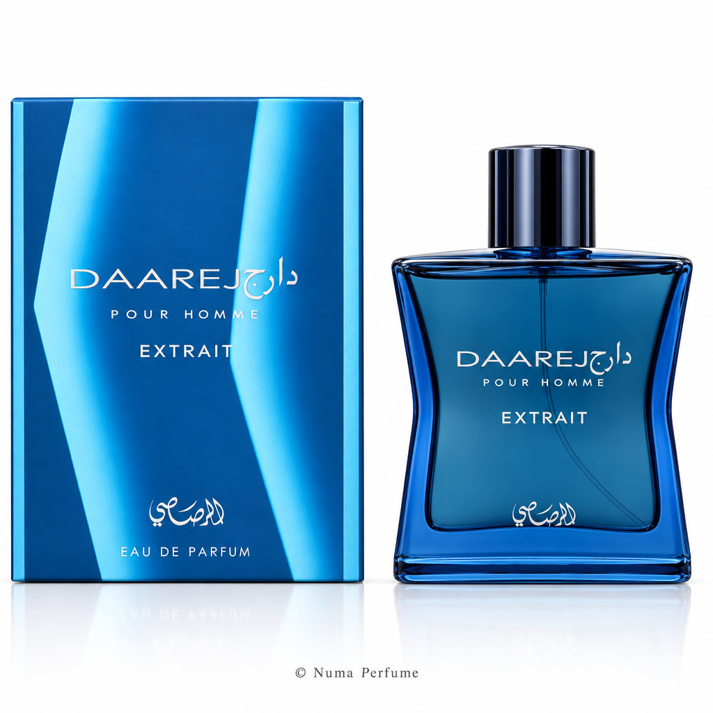 Daarej Pour Homme Extrait Eau de Parfum bottle and its blue packaging box, featuring a dark blue gradient design with silver and white text.