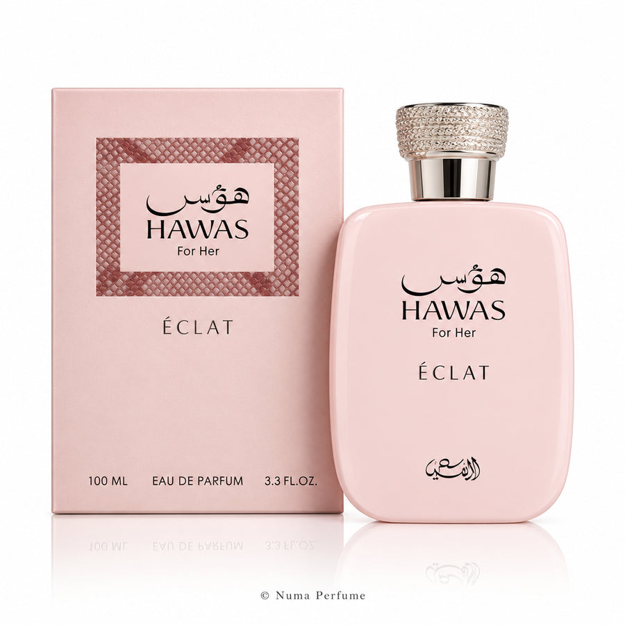 Hawas Eclat perfume bottle and packaging on a white background