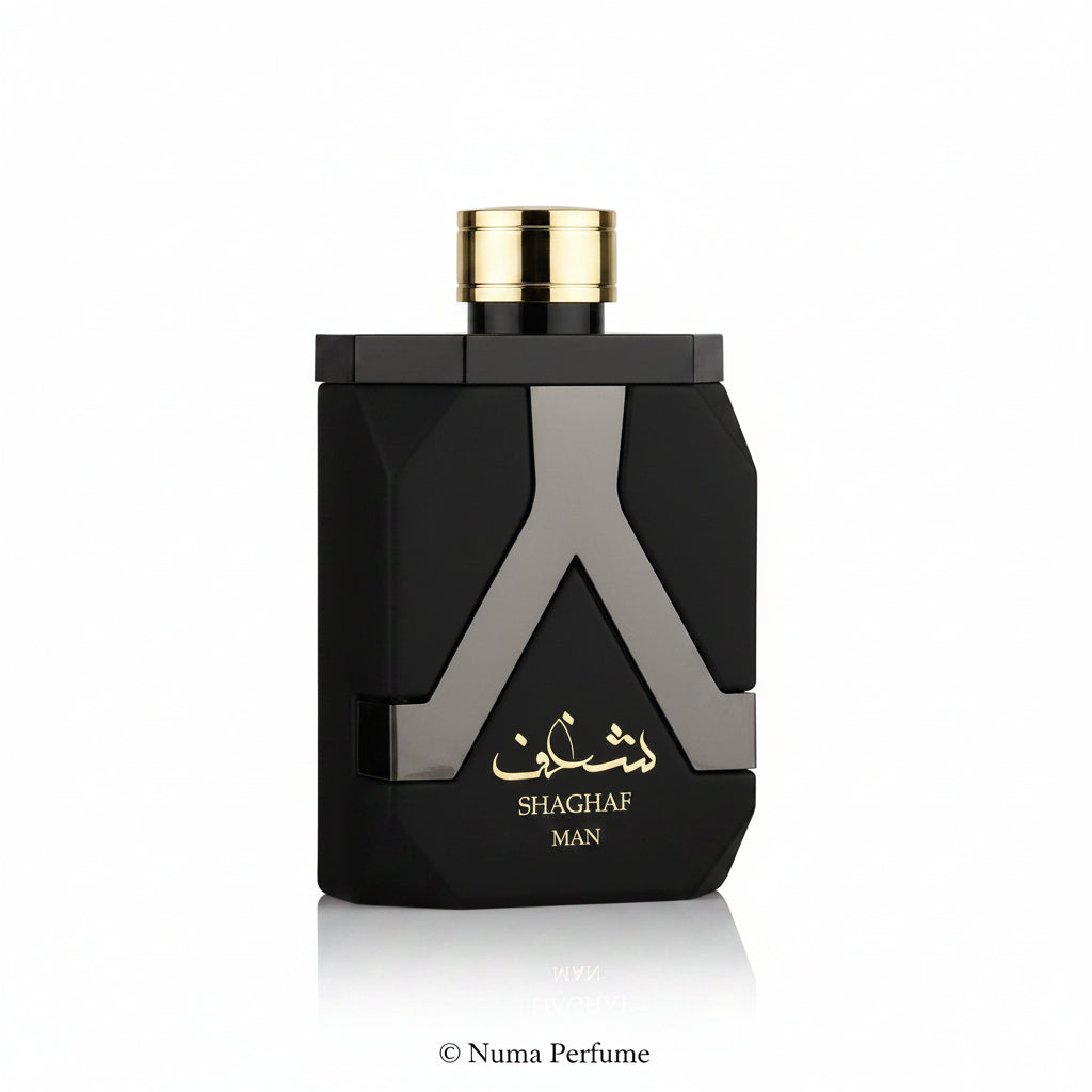 Black and gold perfume bottle labeled 'Shaghaf Man' on a white background