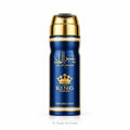 A cylindrical perfume spray bottle with a metallic gold cap and a deep blue body, featuring gold lettering that reads 'Taj Al Malik' and 'The King Crown' on a light gray background.