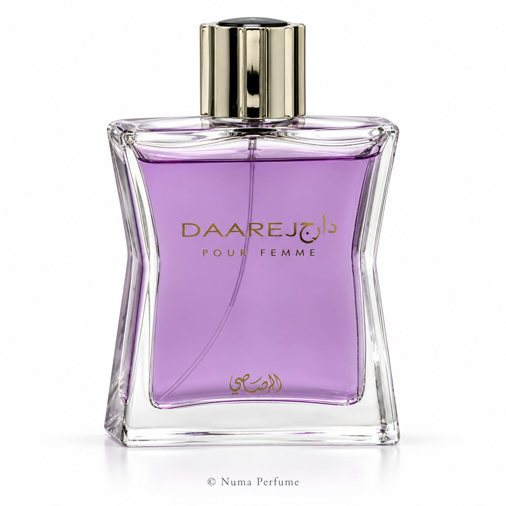 A bottle of Daarej Pour Femme perfume with light purple liquid inside a clear glass bottle and a shiny silver cap.