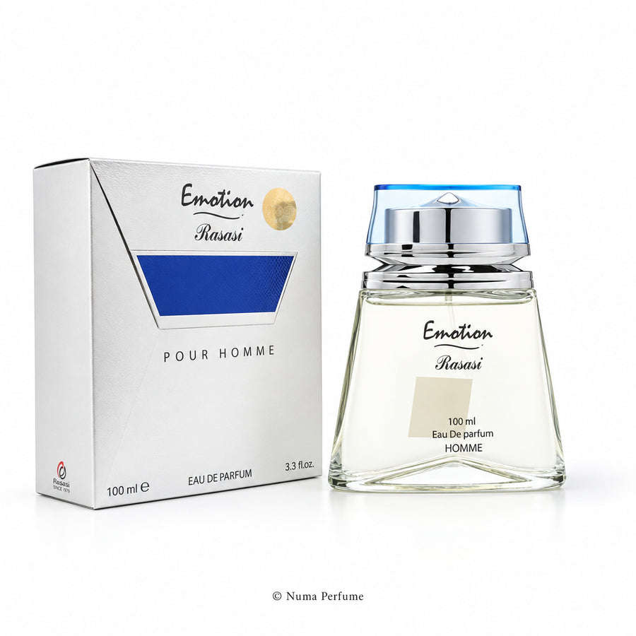 Emotion Rasasi Pour Homme Eau De Parfum 100ml bottle with its original silver and blue packaging box, displayed on a clean white background.