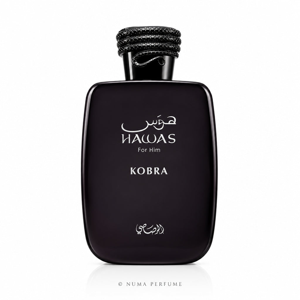 Black perfume bottle and packaging of Hawas Kobra on a white background