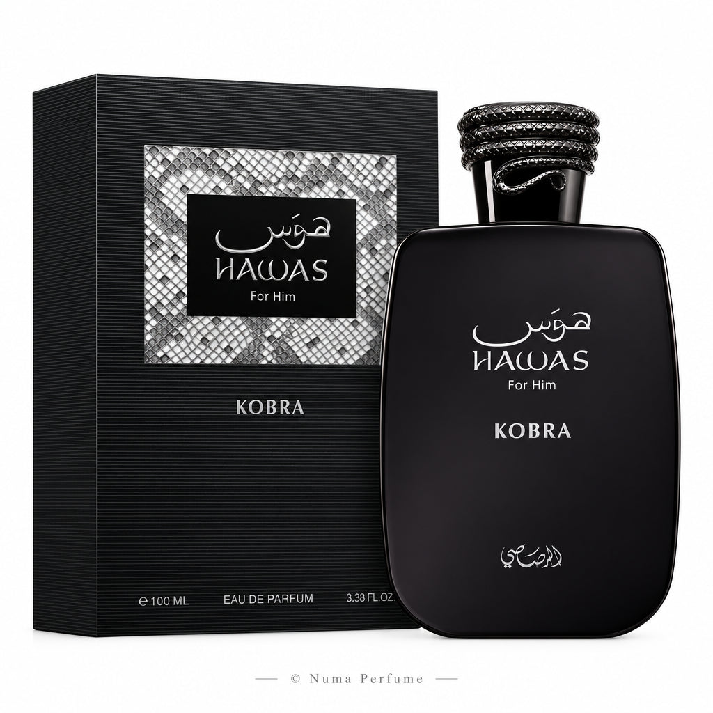 Black perfume bottle and packaging of Hawas Kobra on a white background