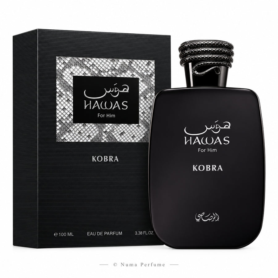 Black perfume bottle and packaging of Hawas Kobra on a white background