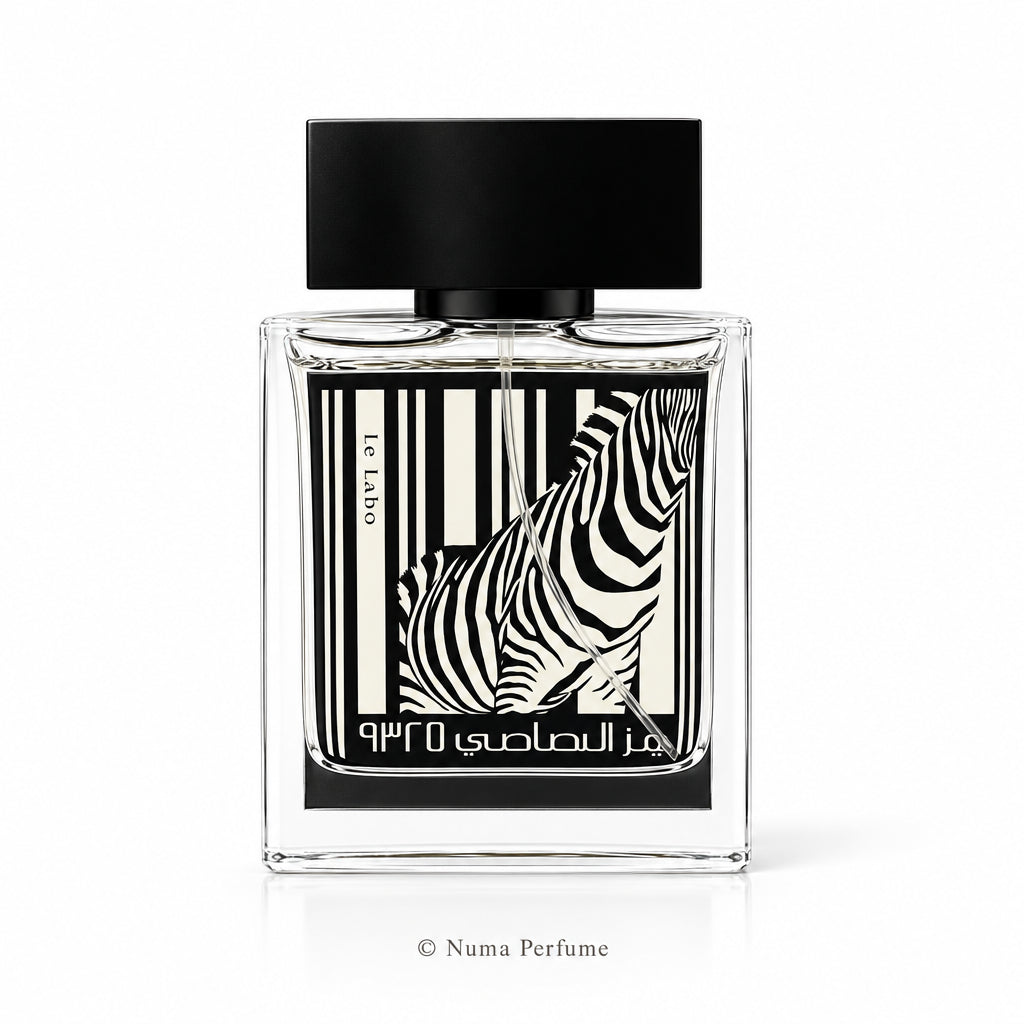 Perfume bottle with zebra design on a white background