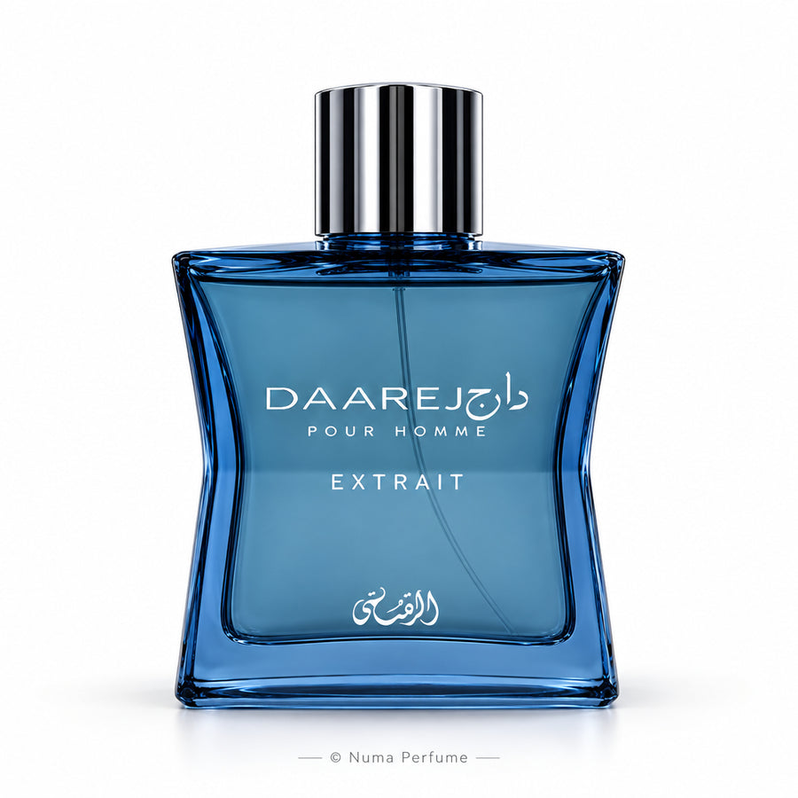 A bottle of Daareh Arab perfume extract in a translucent blue glass bottle with a silver cap, shown against a plain white background.