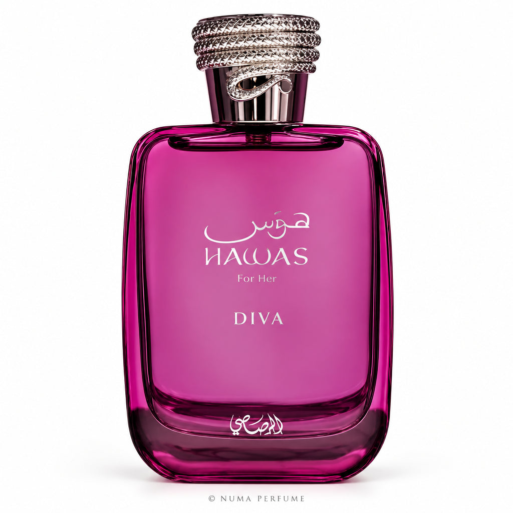 A rectangular magenta-pink glass perfume bottle with a silver metallic cap, featuring the brand name 'HUMAS' and 'DIVA' printed in white on the front, set against a plain white background.