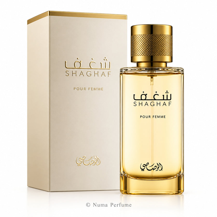 Shaghaf perfume bottle and packaging on a white background