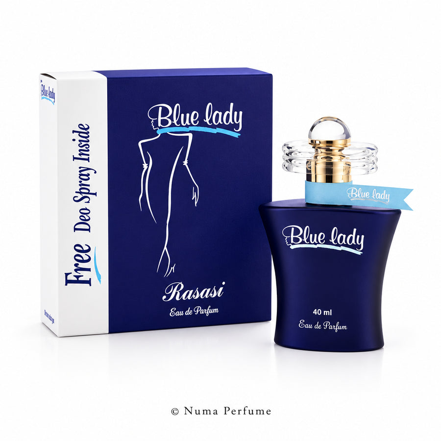 Blue Lady Rasasit perfume bottle and packaging on a light gray background