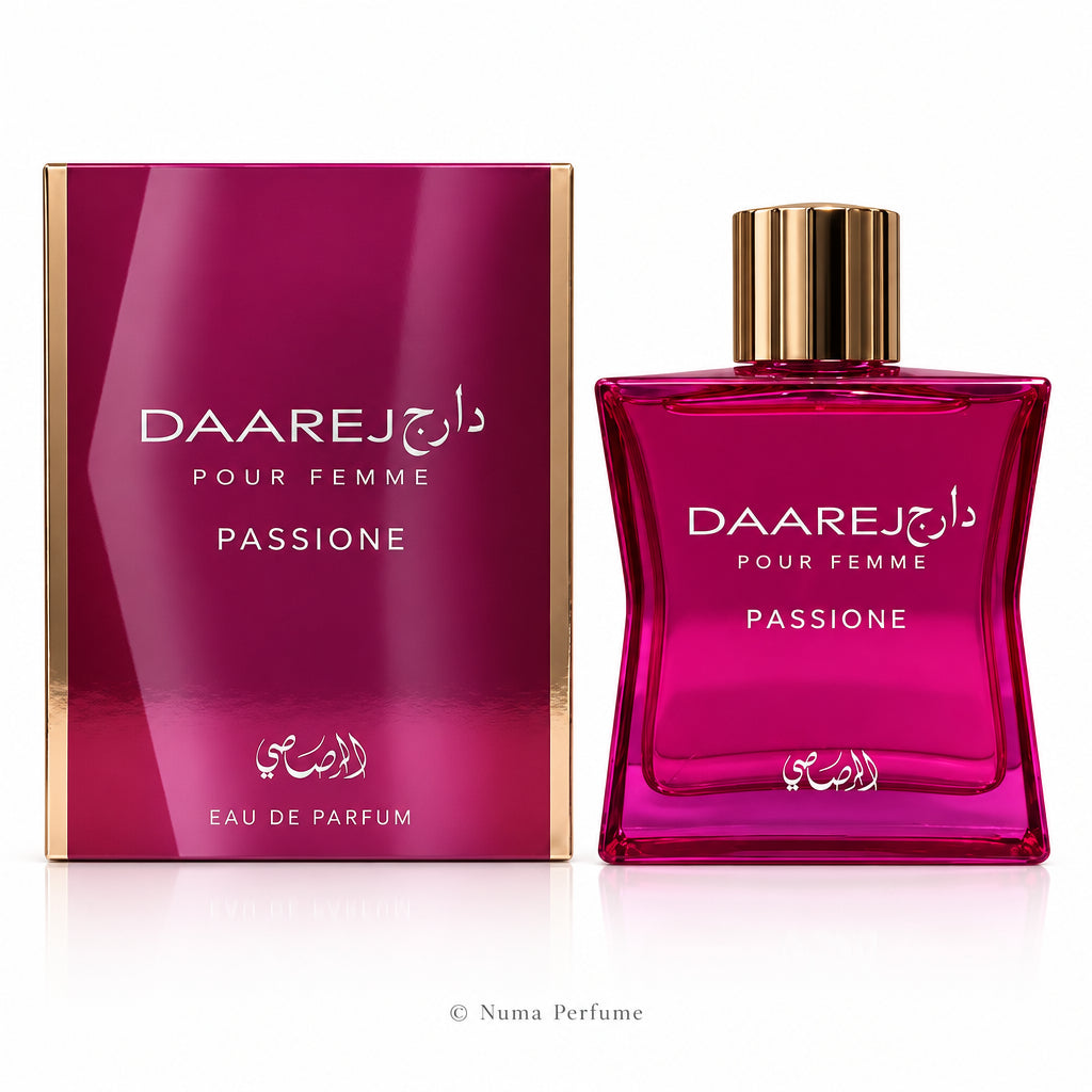 A bottle of Daarej Pour Femme Passionne Eau de Parfum next to its matching magenta-pink box packaging, set against a plain white background.