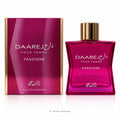 A bottle of Daarej Pour Femme Passionne Eau de Parfum next to its matching magenta-pink box packaging, set against a plain white background.