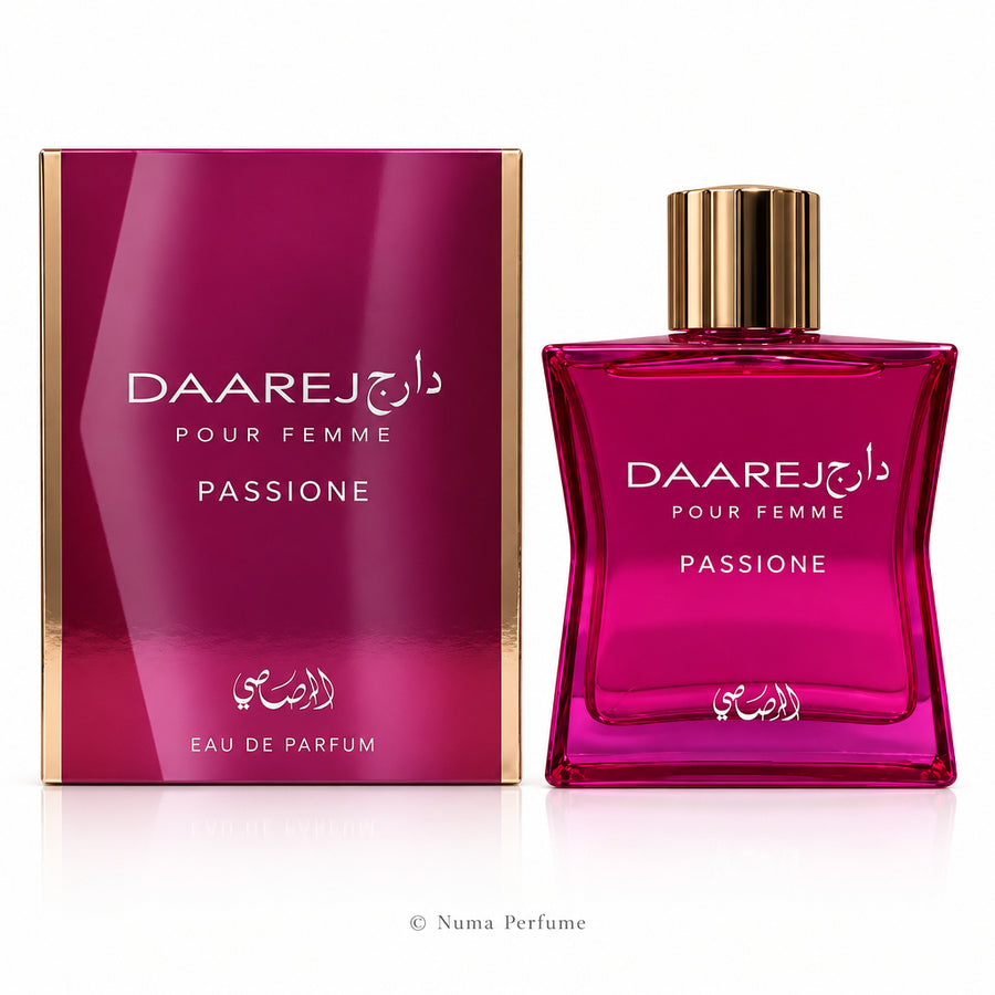 A bottle of Daarej Pour Femme Passionne Eau de Parfum next to its matching magenta-pink box packaging, set against a plain white background.