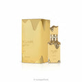 Eclair by Banoffi perfume bottle and matching box in a metallic gold color, set against a plain white background.