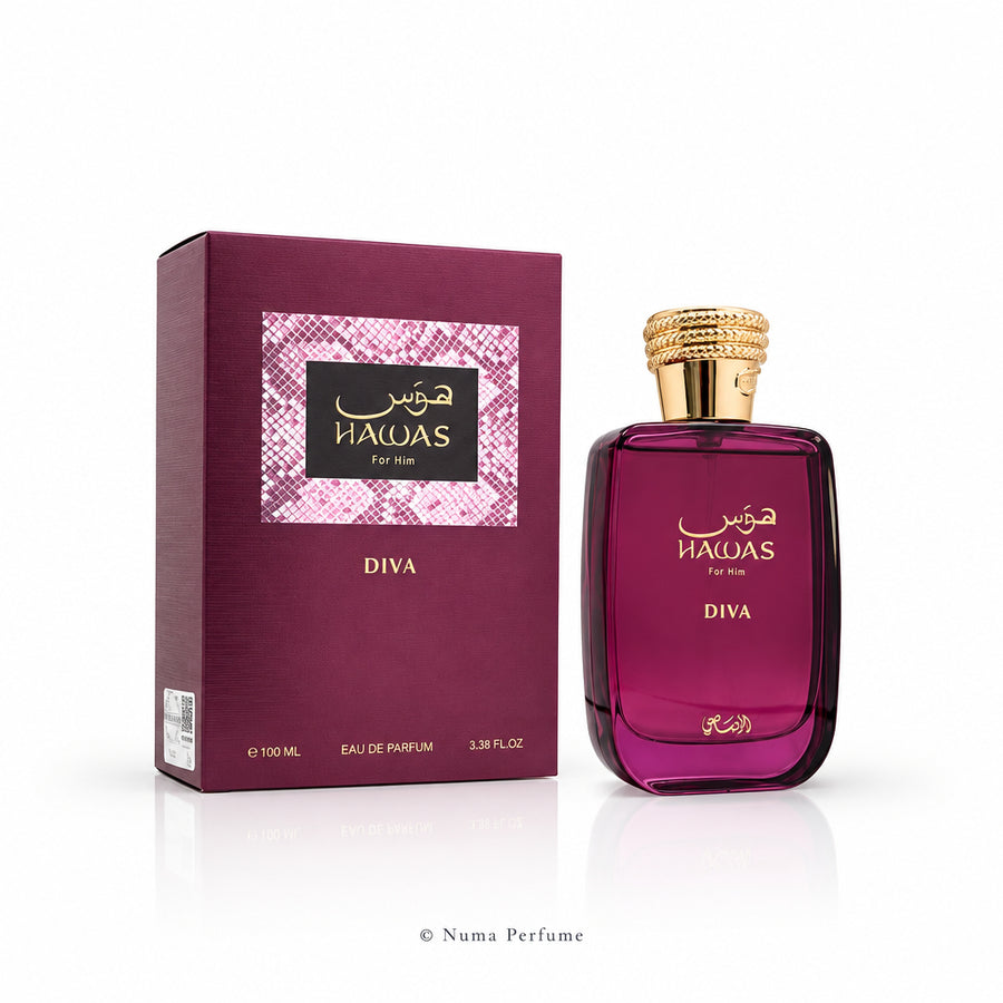 Hawas Diva perfume bottle and packaging on a white background
