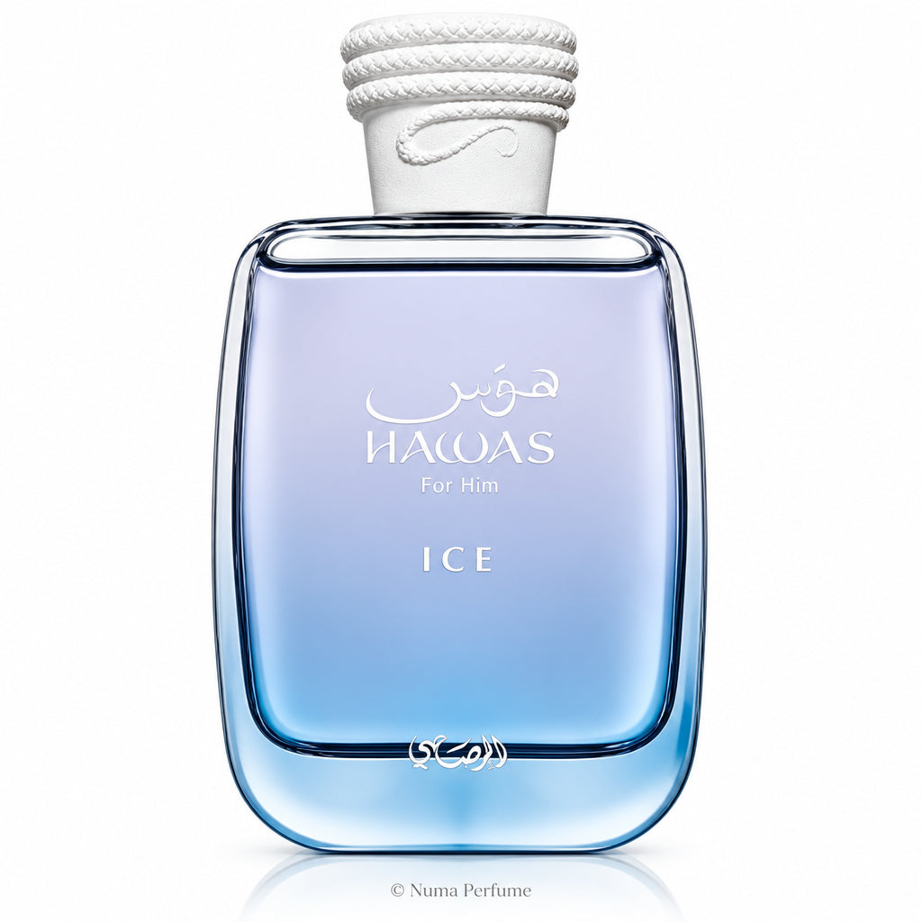 A bottle of Hacoas For Him ICE fragrance, featuring a rectangular glass bottle with a blue-to-purple gradient, a white rope-wrapped cap, and silver lettering on a white background.