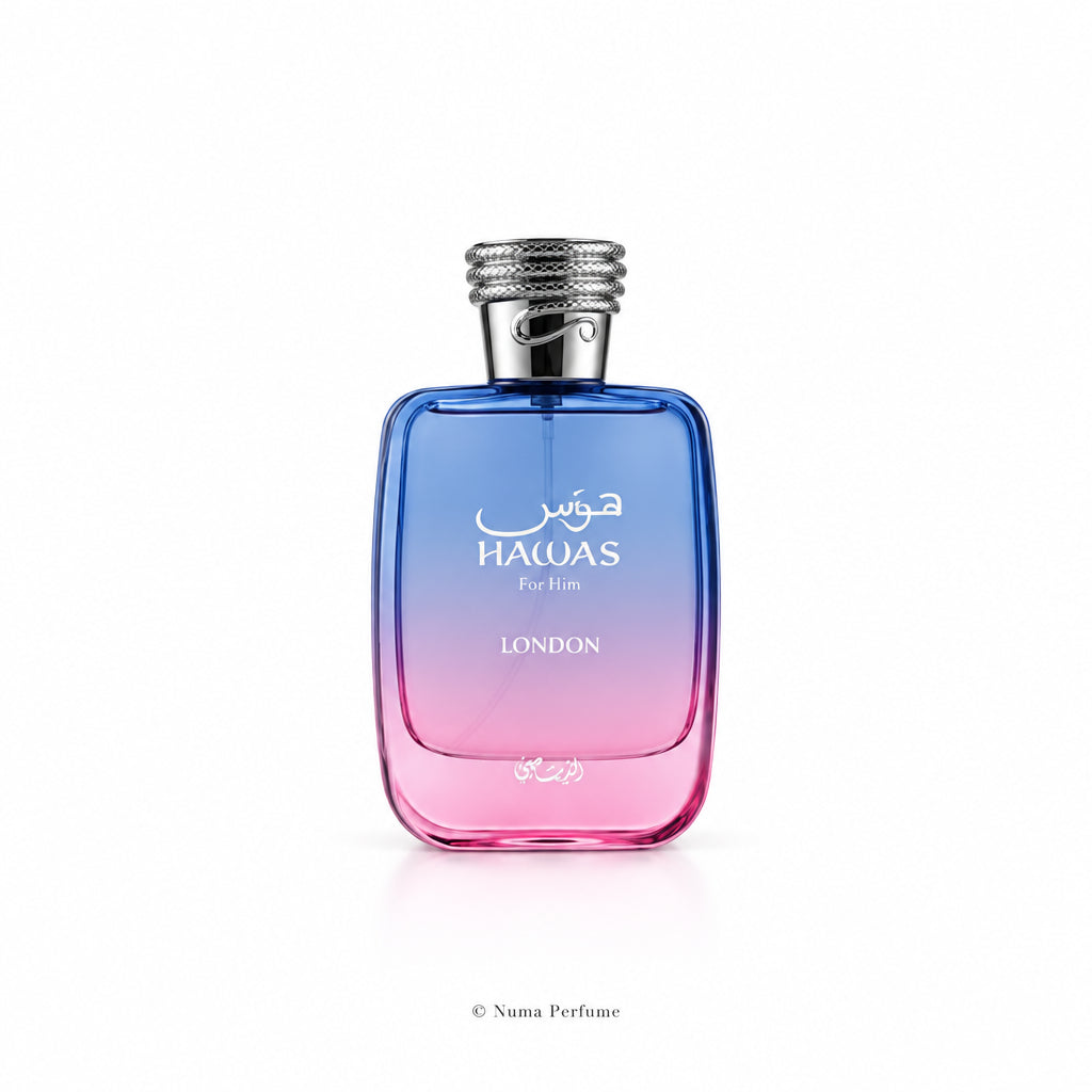 HALOAS For Men Eau de Toilette perfume bottle with a blue-to-pink gradient glass body and a silver cap, shown on a plain white background.