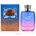 Hawas For Him London Eau De Parfum 100ml bottle and its packaging box. The bottle features a blue to pink gradient glass with a silver cap, and the box has a blue and brown patterned design with a cityscape illustration.