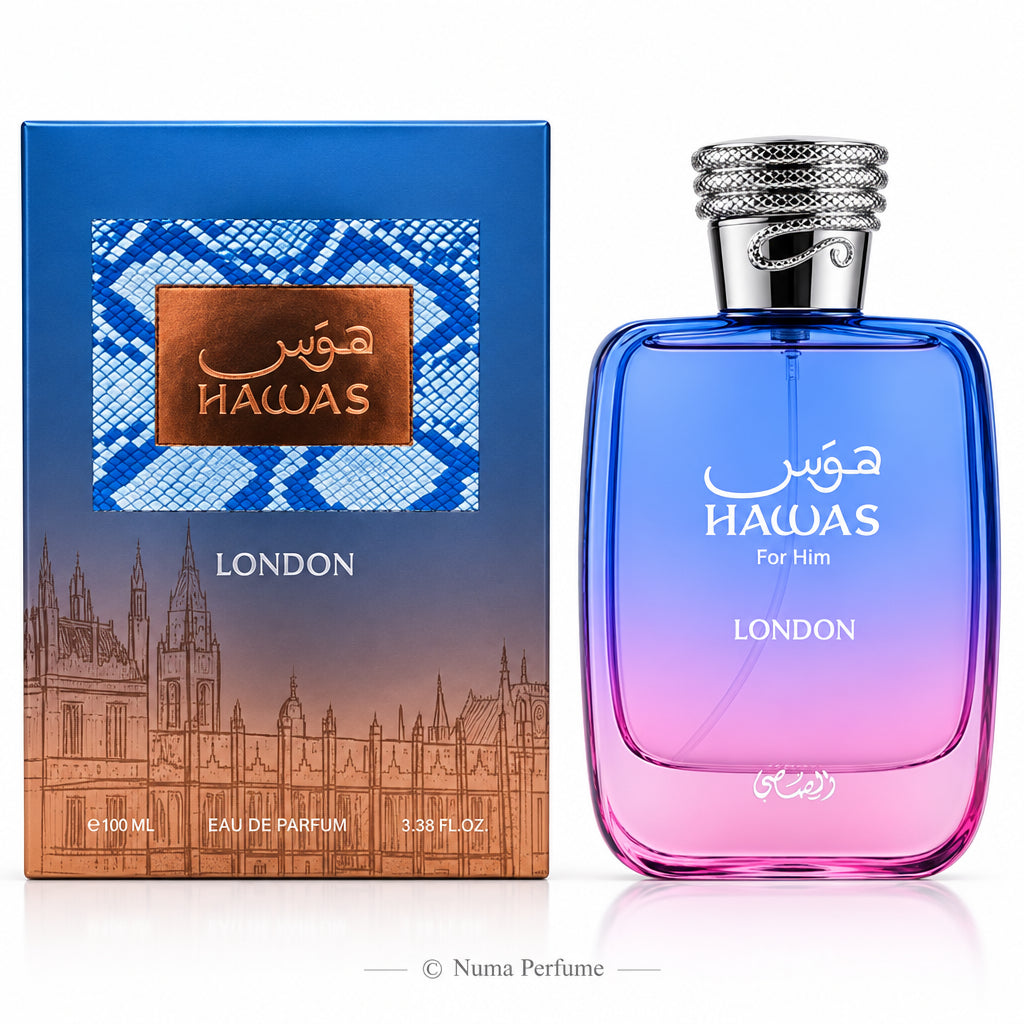 Hawas For Him London Eau De Parfum 100ml bottle and its packaging box. The bottle features a blue to pink gradient glass with a silver cap, and the box has a blue and brown patterned design with a cityscape illustration.