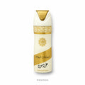 A perfume spray bottle labeled 'Bud Mood' with a cream and gold design, featuring a gold ornamental pattern and a gold cap, set against a plain white background.