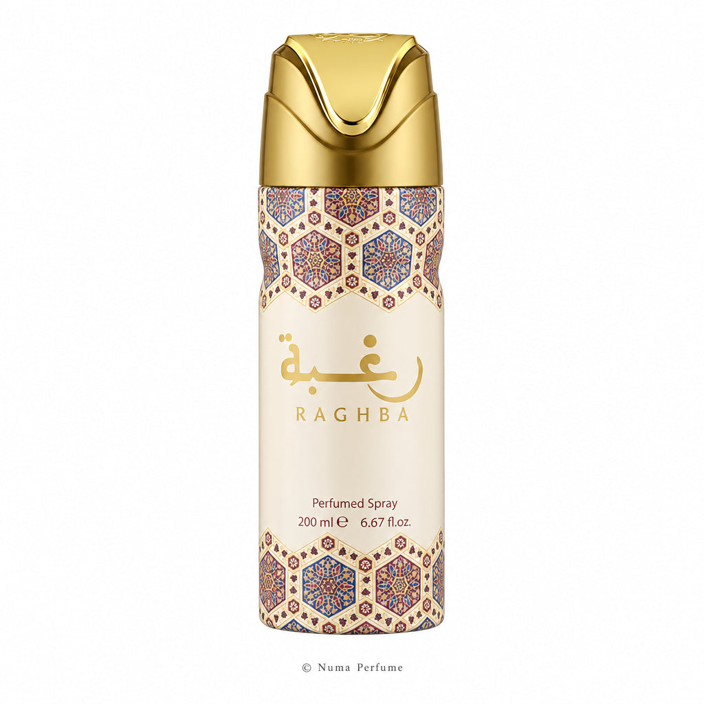 Ragha perfume spray bottle with decorative pattern on a beige background