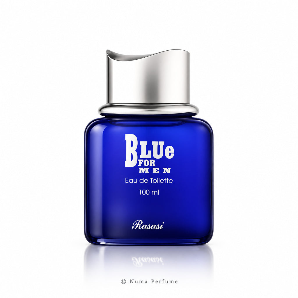 A 100 ml bottle of Rasasi Blue For Men Eau de Toilette, featuring a translucent cobalt blue glass bottle and a metallic silver cap, set against a plain white background with a soft reflection below.