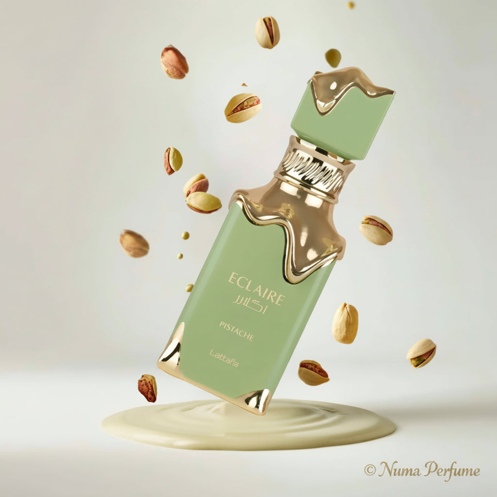 Green and gold perfume bottle with pistachios on a light background