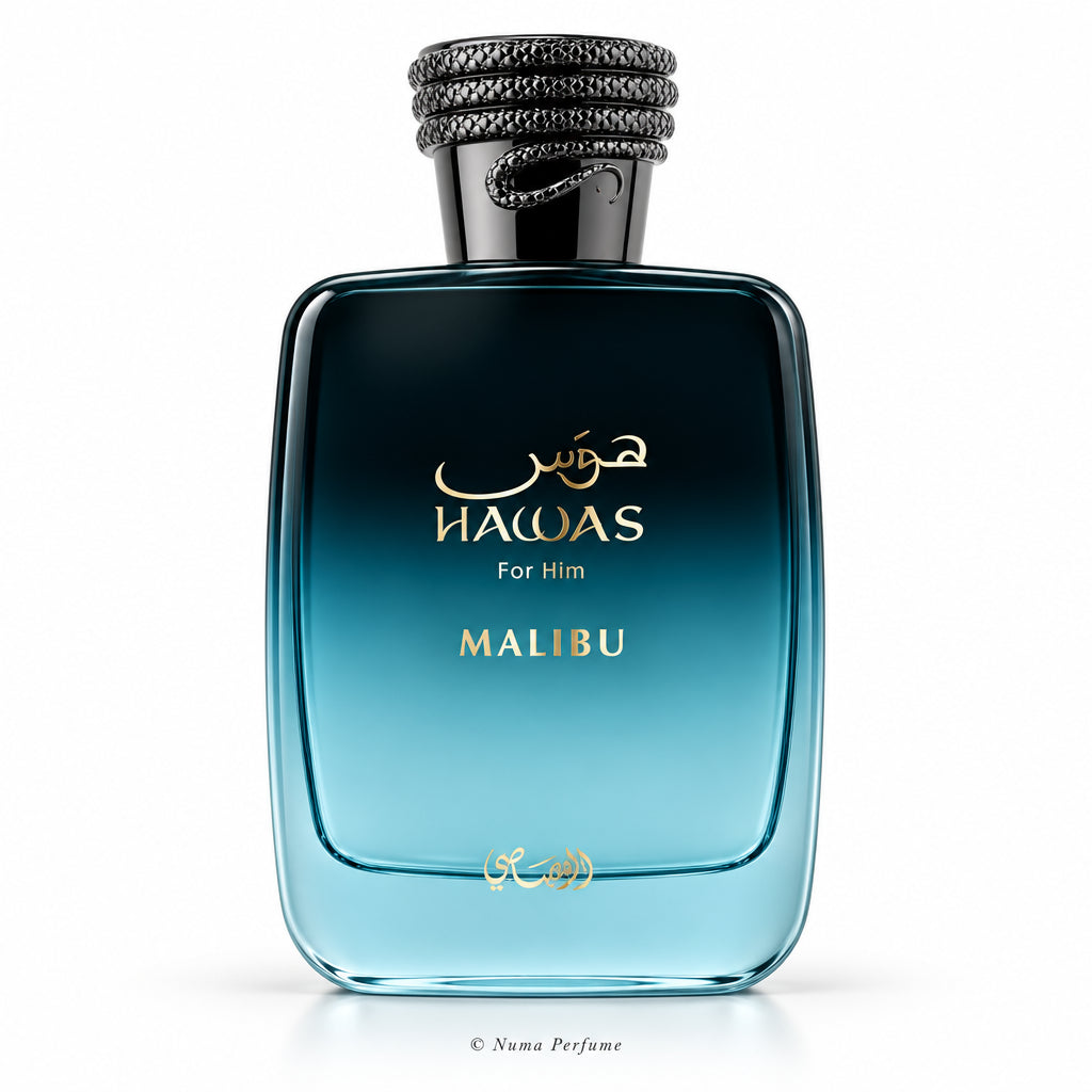 A bottle of Malibu Hawas For Him perfume, featuring a gradient blue and black glass bottle with gold lettering and a textured black cap, set against a plain white background.