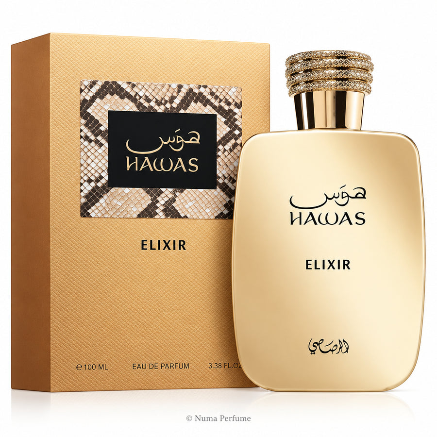 Hawas Elixir perfume bottle and packaging on a white background