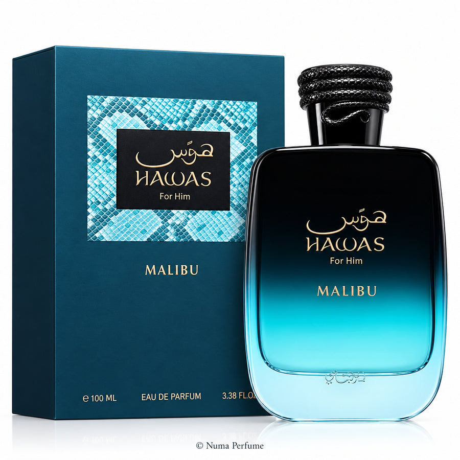 A bottle of Malibu Nawas For Him Eau De Parfum with a black cap, shown next to its dark blue packaging box on a white background.