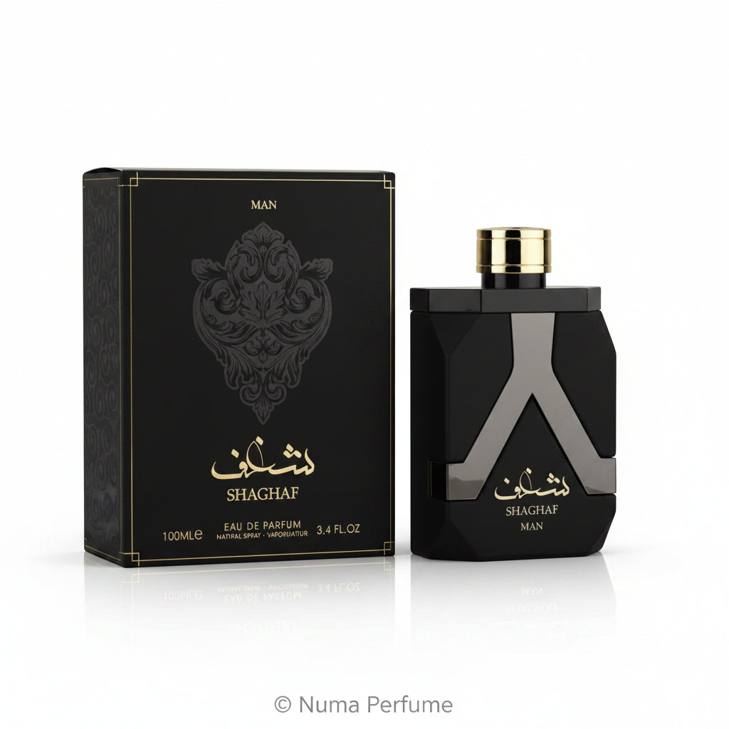 Shaghaf Man Eau de Parfum bottle and its black packaging box, featuring a faceted black design with a metallic silver 'A' motif and gold lettering.