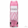Deodorant body spray bottle with pink and white design on a white background
