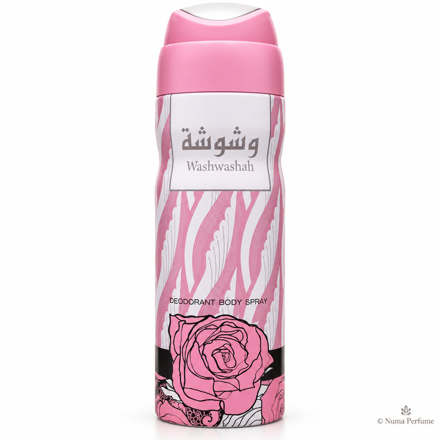 Deodorant body spray bottle with pink and white design on a white background